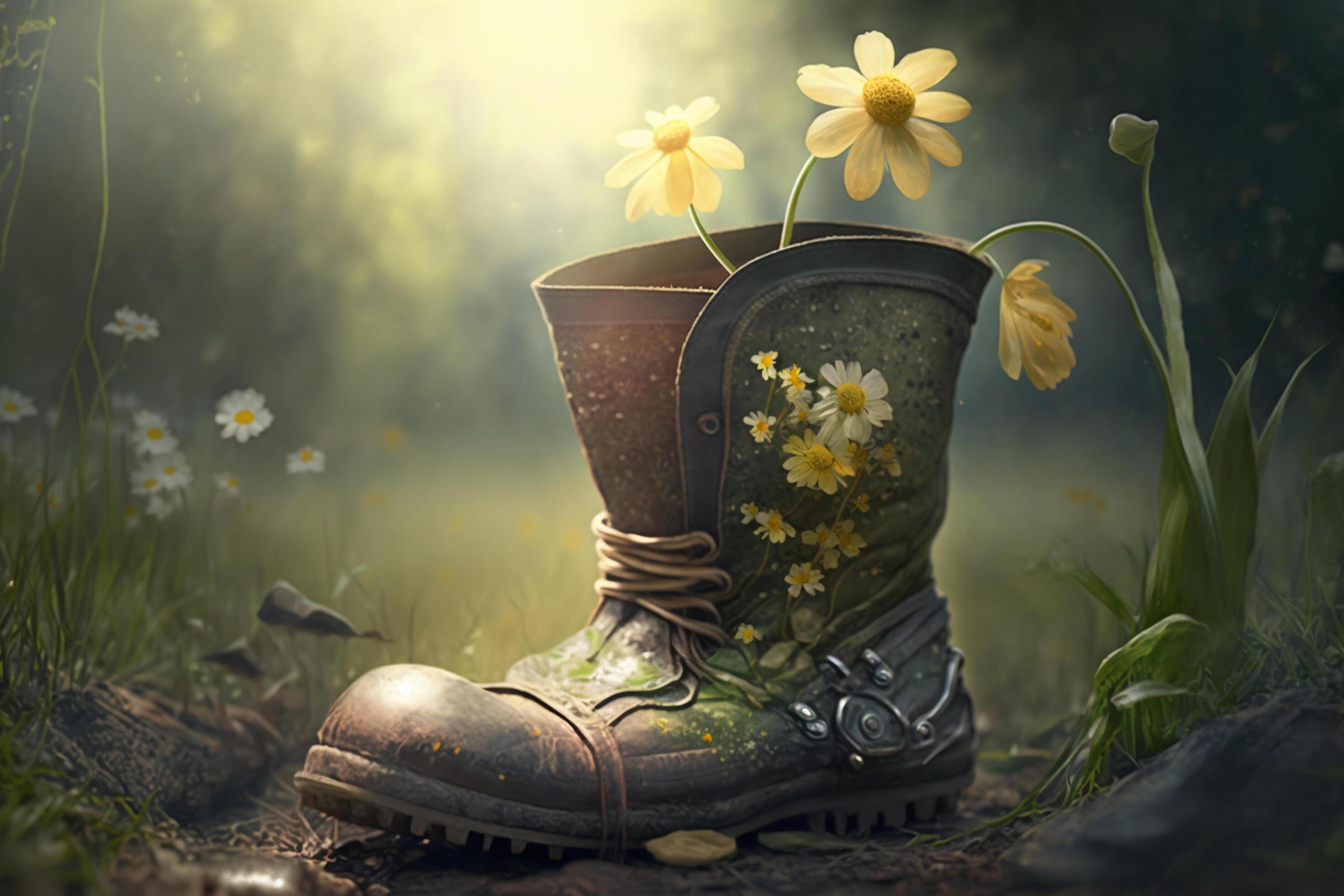 Old rubber boots planted with flowers in the garden 24058814 Stock