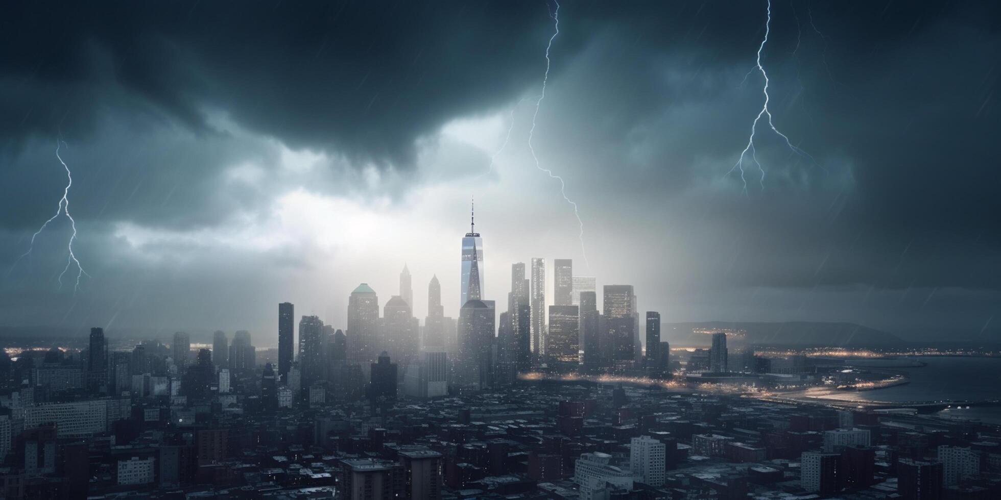 Financial Storm City Skyline during Bank Run with Thunder and Lightning photo
