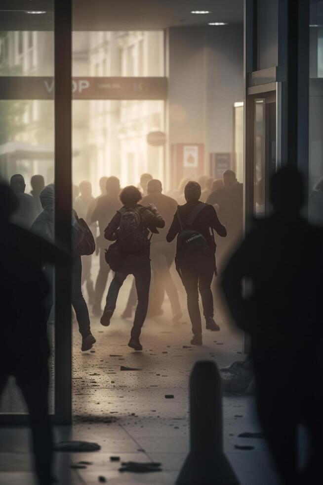 pánico en el calles banco correr vueltas violento ai generado foto