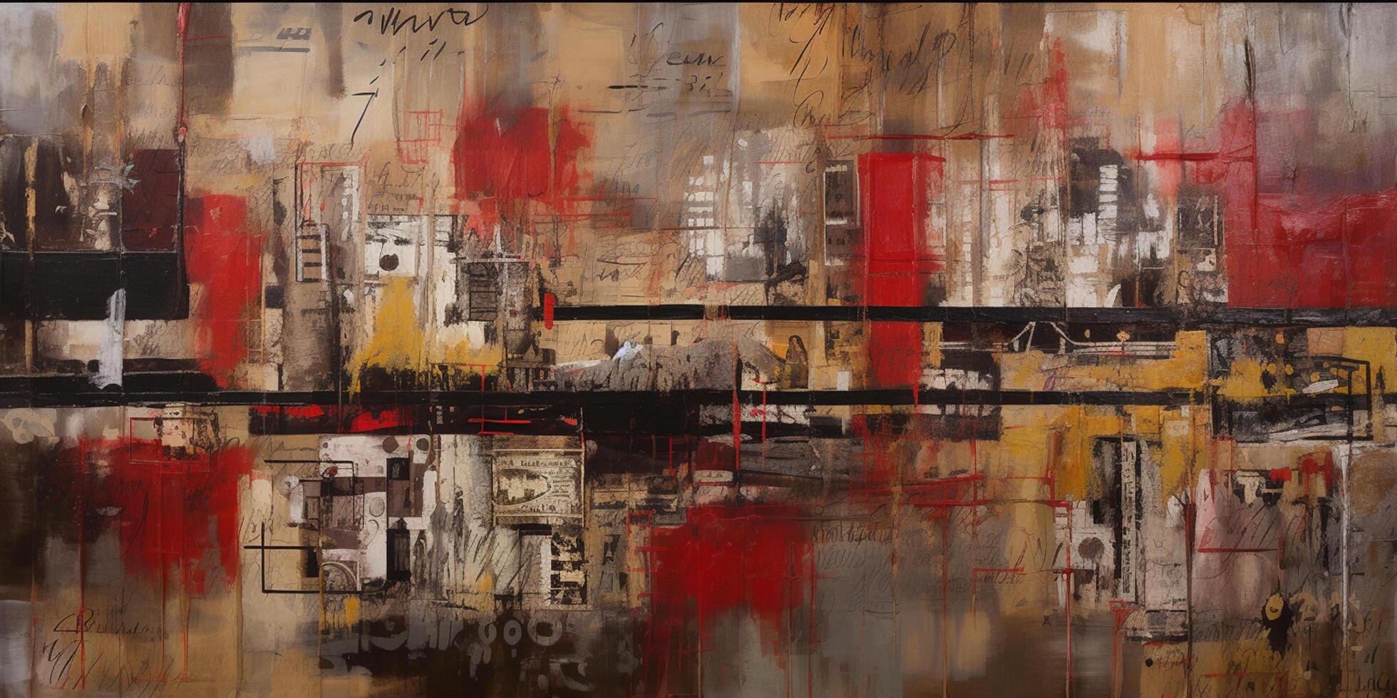 Industrial Reverie A Captivating Collage of Red and Sepia in a Large Canvas Painting photo