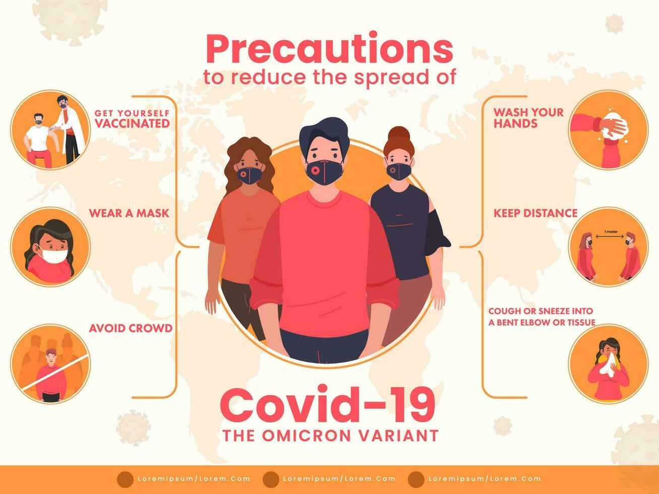 Precautions To Reduce The Spread Of Omicron Variant Such As Vaccinated, Wear Mask, Keep Distancing And Other. vector