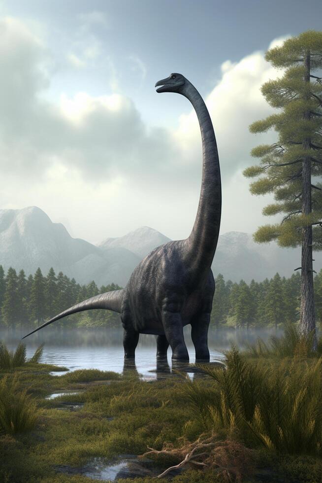 agraciado gigantes itinerancia el prehistórico reino realista ilustración exhibiendo el diplodocus en un sereno prehistórico paisaje ai generado foto