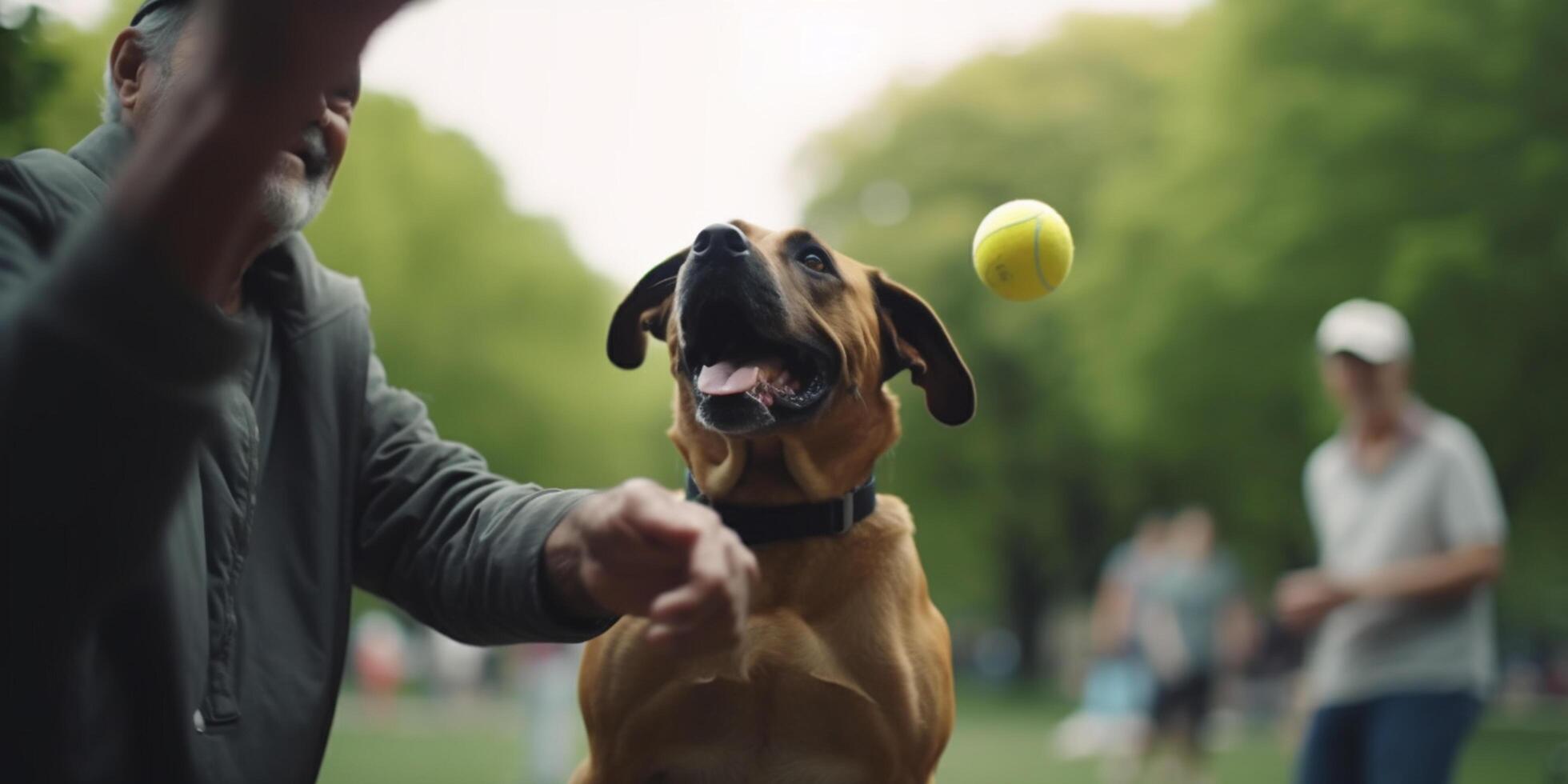 canino Tiempo de juego perro y propietario persiguiendo pelota en el parque ai generado foto