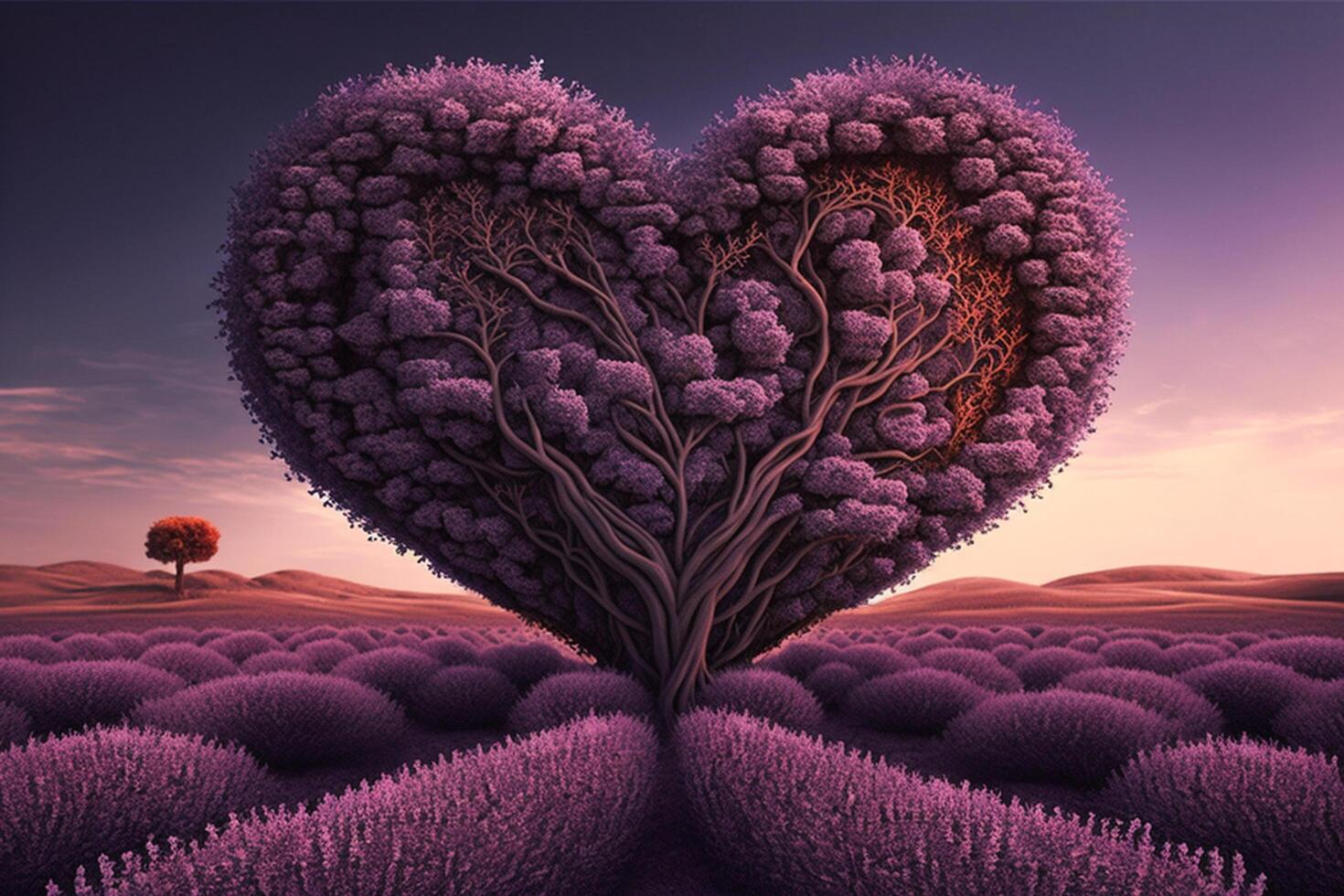 Red blossom tree in heart shape with happiness. Valentine tree for decoration romantic concept. lavender field photo