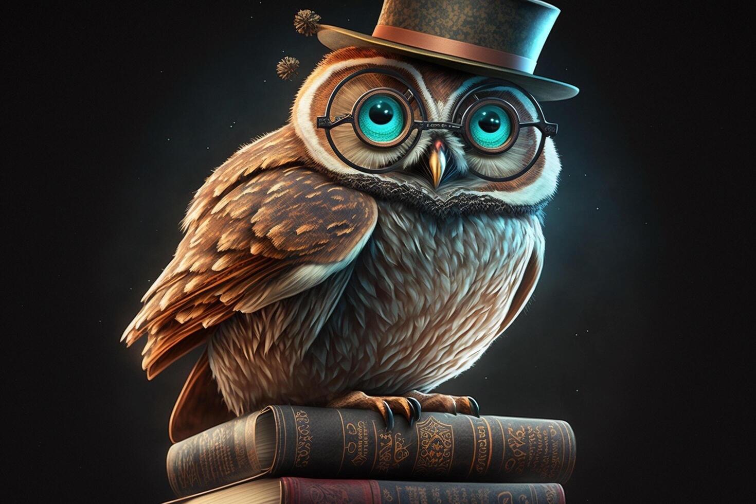 Cunning owl in a hat and glasses sits on books photo