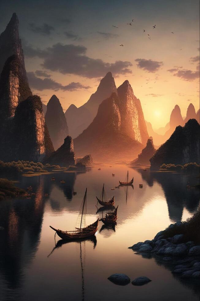 River Serenade Majestic Chinese Landscape with Sunset Glow, Boats, and Mountains photo