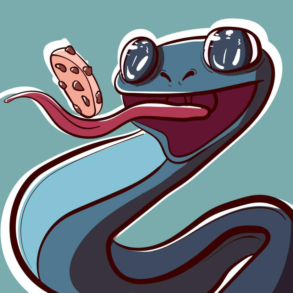 Digital art of an adorable snake eating a cookie. Happy lizard with a big grin enjoying a biscuit. Vector of a reptile and a cracker.