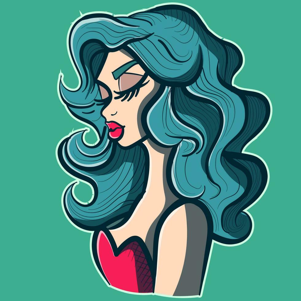 Conceptual art of a drag queen profile with green curly wig and red dress. Elegant woman avatar. vector