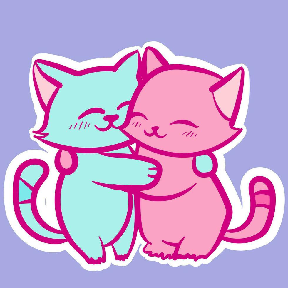 A couple of two kawaii cats in pastel colors hugging. Digital art of two chibi kitties embracing each other with love vector