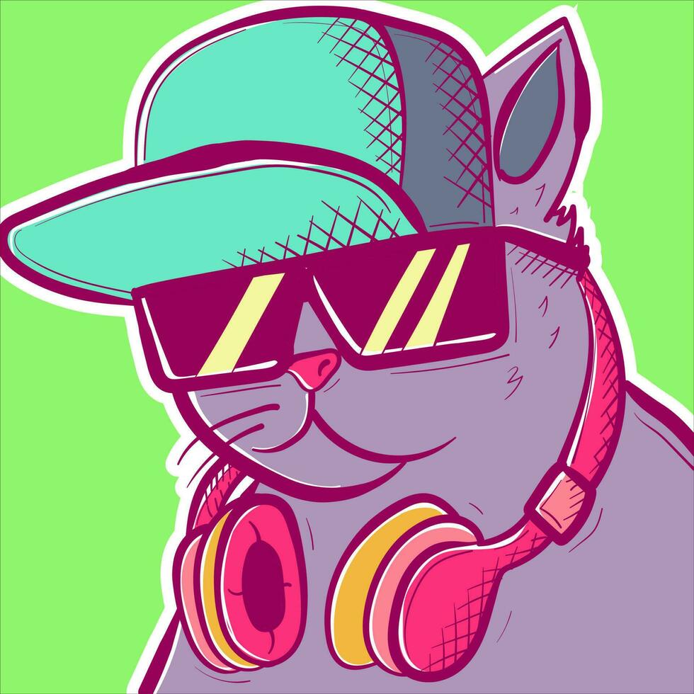 Hippie cat vector with headphones, sunglasses and a rapper hat. Cool DJ feline head portrait. Fashion kitten wearing audio gadgets