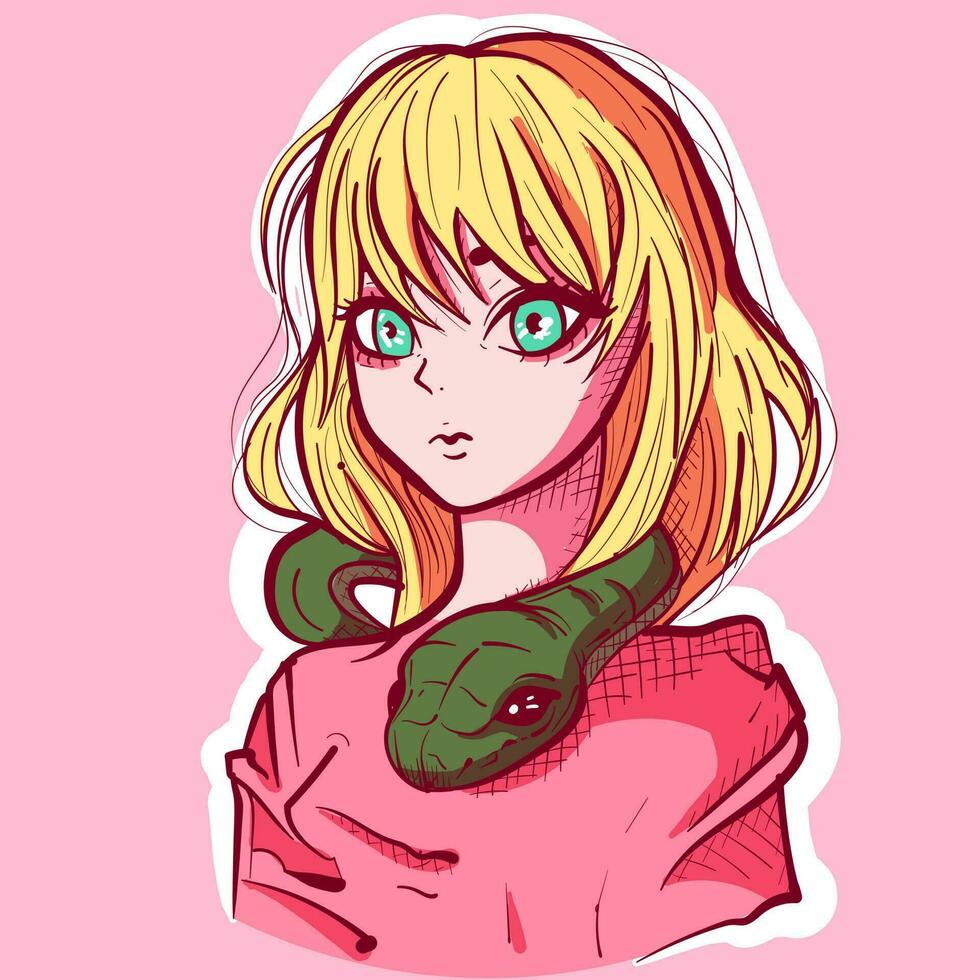 Digital art of a blonde anime girl and a snake around her neck. Japanese manga doll wearing pink and holding a green reptile. vector