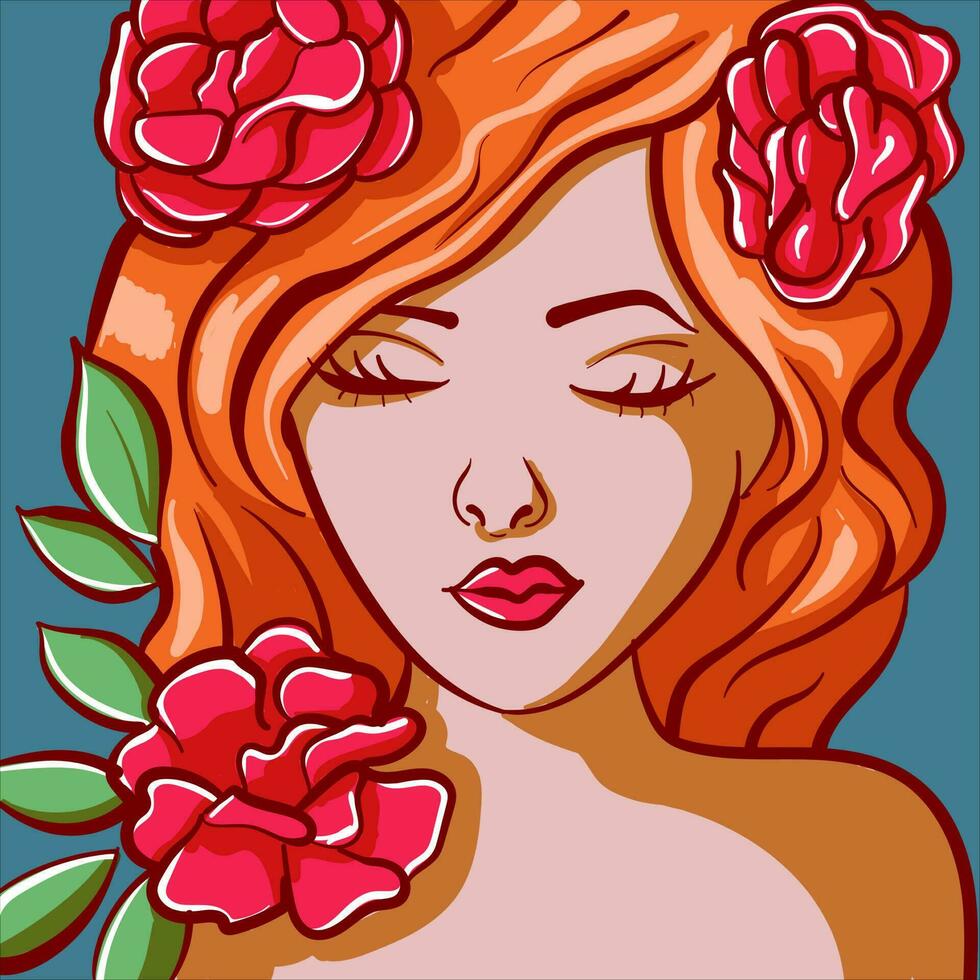 digital Arte de un pelirrojo mujer con rosas en su cabello. hermosa hembra cabeza con floral decoraciones y hojas. vector