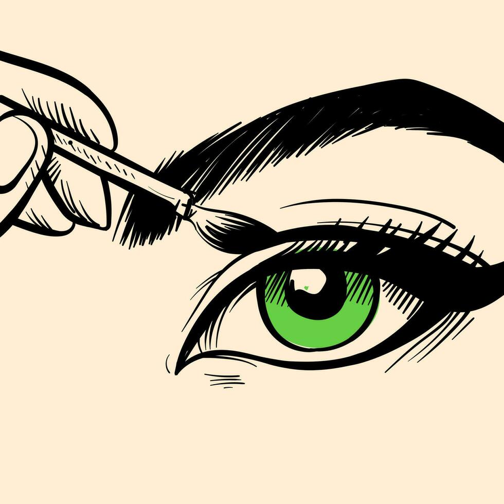 Digital art of a woman's eye and an eyeliner drawing a line. Vector conceptual art of a painting or drawing of a body part with makeup.