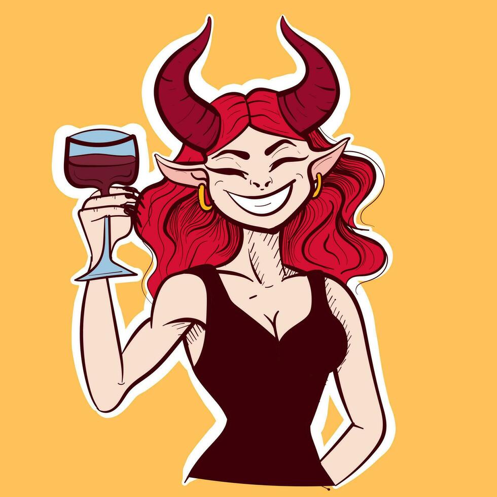 Digital art of a redhead devil woman holding a glass of wine. Vector illustration of a demonic woman in a black dress holding a cup.