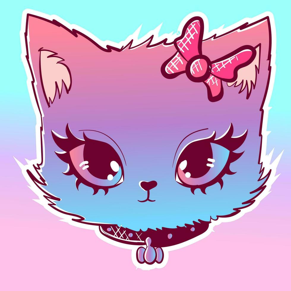 Pastel goth cat with a ribbon and a leather chocker. Digital art of a feline character doodle with anime eyes and pink fur. vector