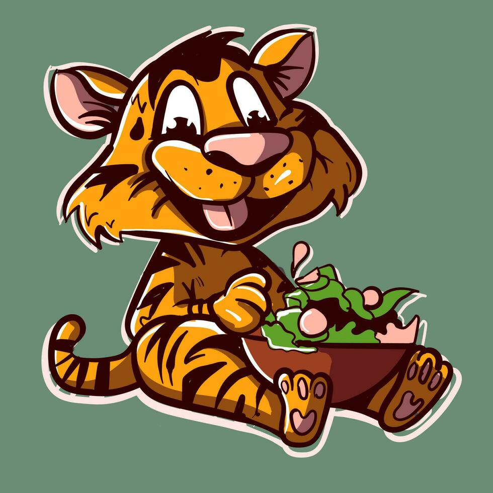 Digital art of a cartoon tiger eating salad from a big bowl in his lap. Vector illustration of a wild jungle vegan animal with stripes eating greens.