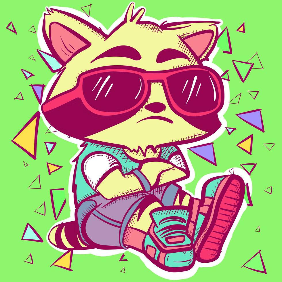 Sticker clipart of a slav squatting raccoon with sunglasses, clothes and hip hop shoes. Slavic cartoon animal character with stripes vector