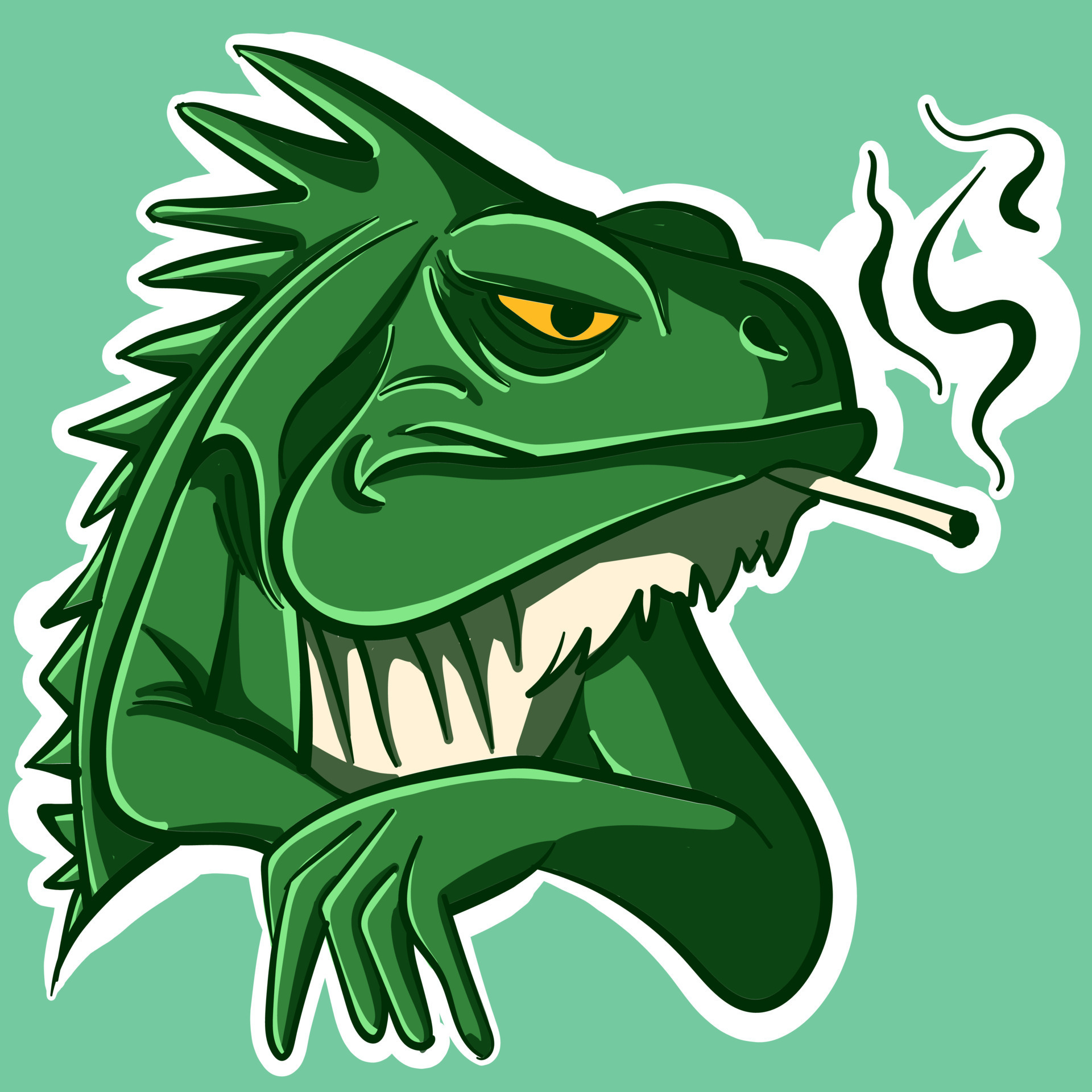 Digital art of a green angry iguana smoking a cigarette. Serious