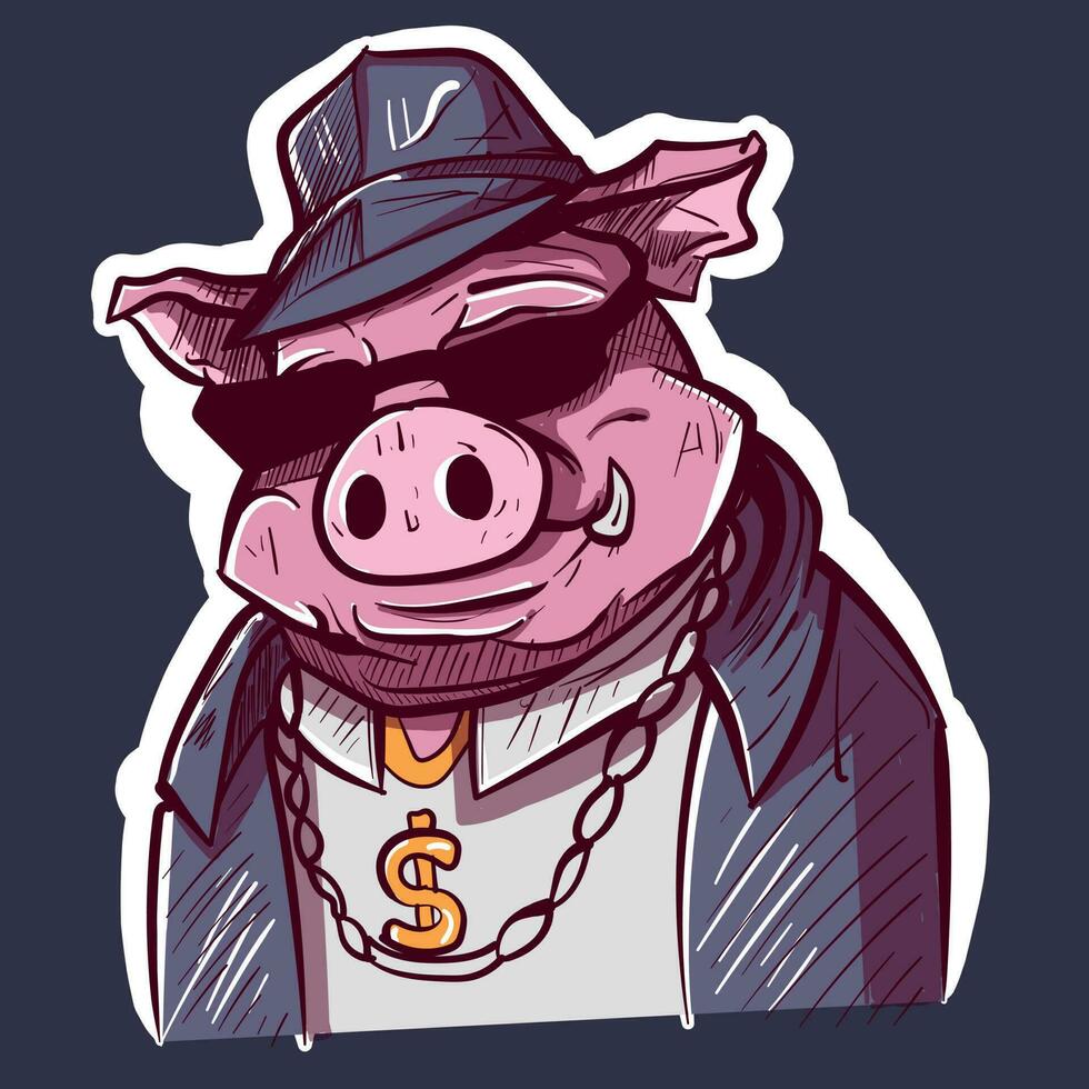 Digital art of a big boss pig in a denim detective uniform and a gold chain. Farm animal in a policeman costume and sunglasses. vector