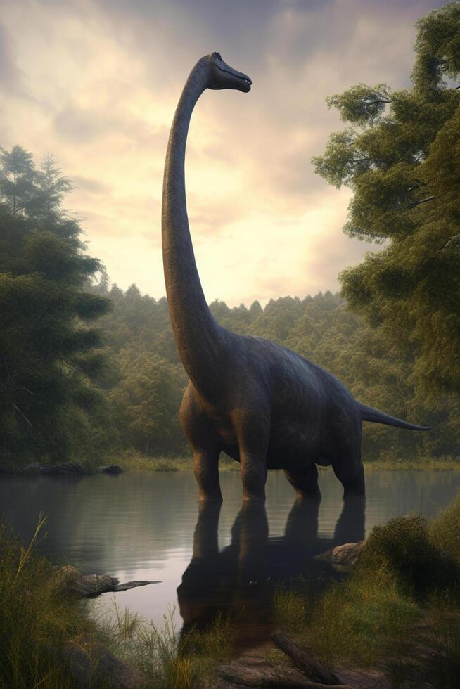 Majestic Giants of the Prehistoric World A Realistic Illustration Showcasing the Brachiosaurus in an Enchanting Prehistoric Landscape photo