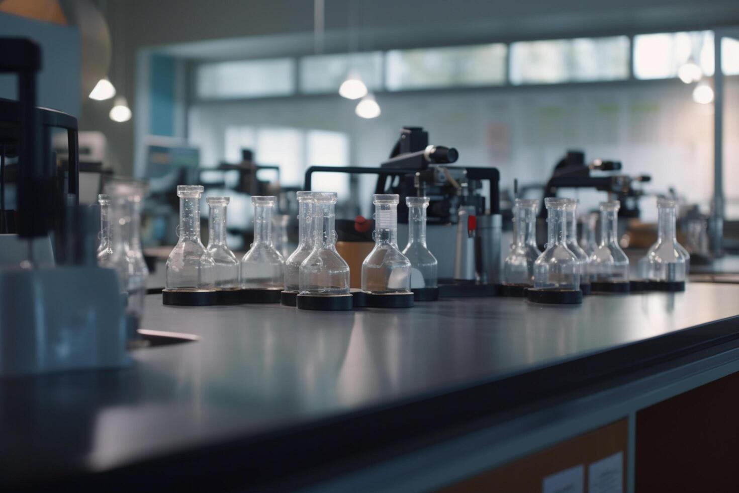 Illuminated High School Chemistry Laboratory with Students Conducting Experiments photo