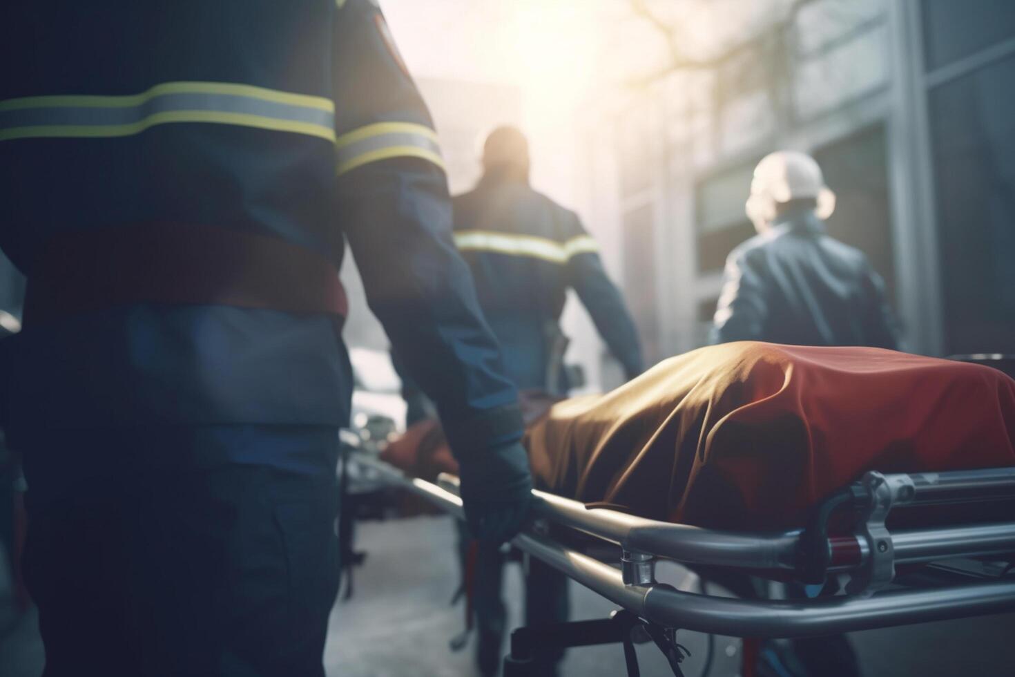 emergencia médico equipo ayudando paciente transferencias en camillas en er ai generado foto