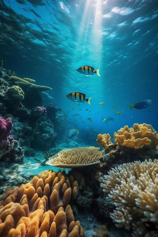 Colorful Coral Reef with Fish in Clear Blue Water, Underwater Photography photo