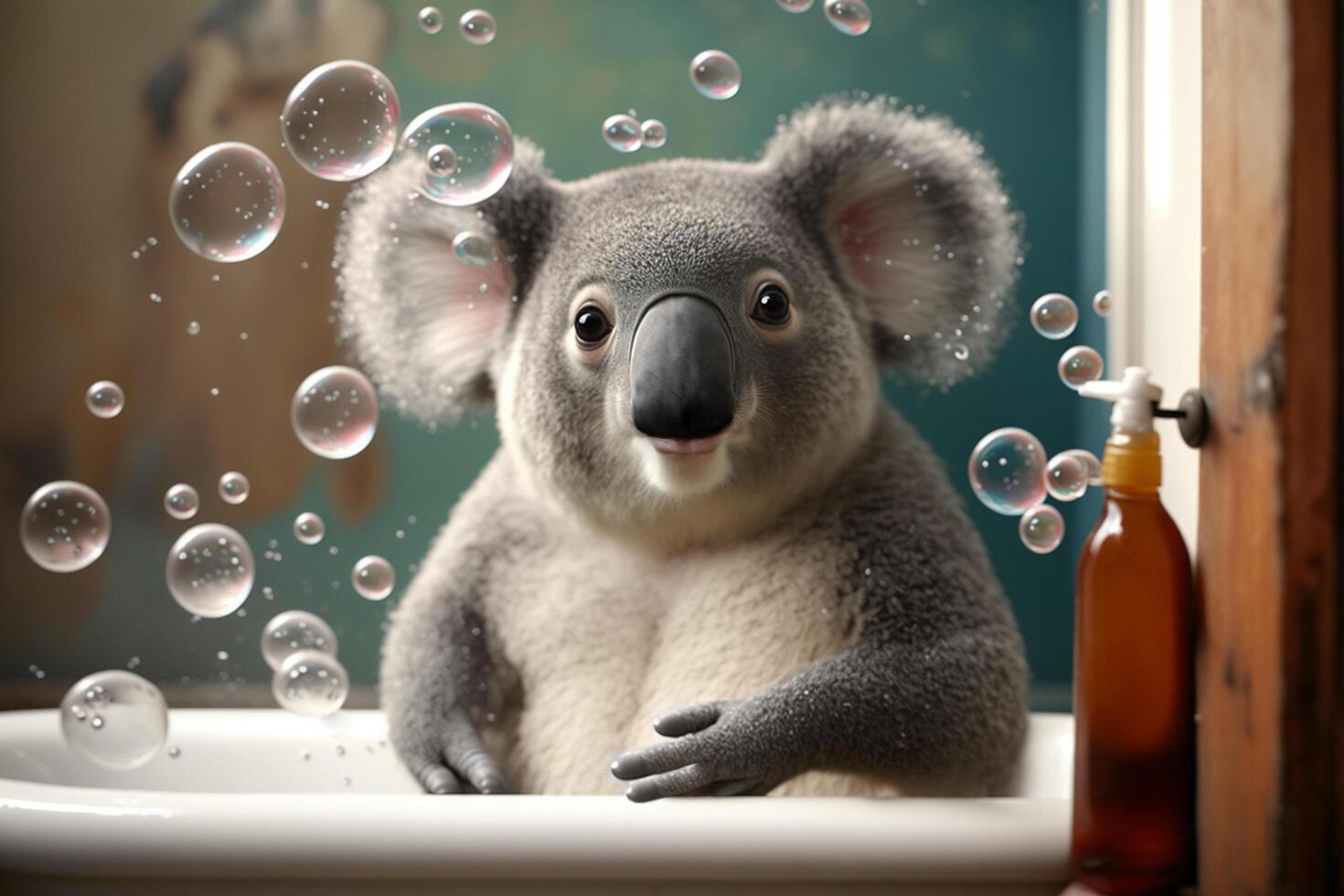 Koala in a bathtub with soap bubbles and foam content photo