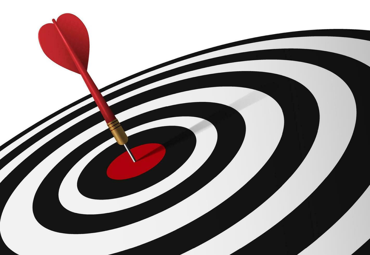 Red dart hit to center of dartboard tilt left. Arrow on bullseye in target. Business success, learning goal, objective challenge, purpose strategy, achievement focus concept. 3d realistic concept. vector