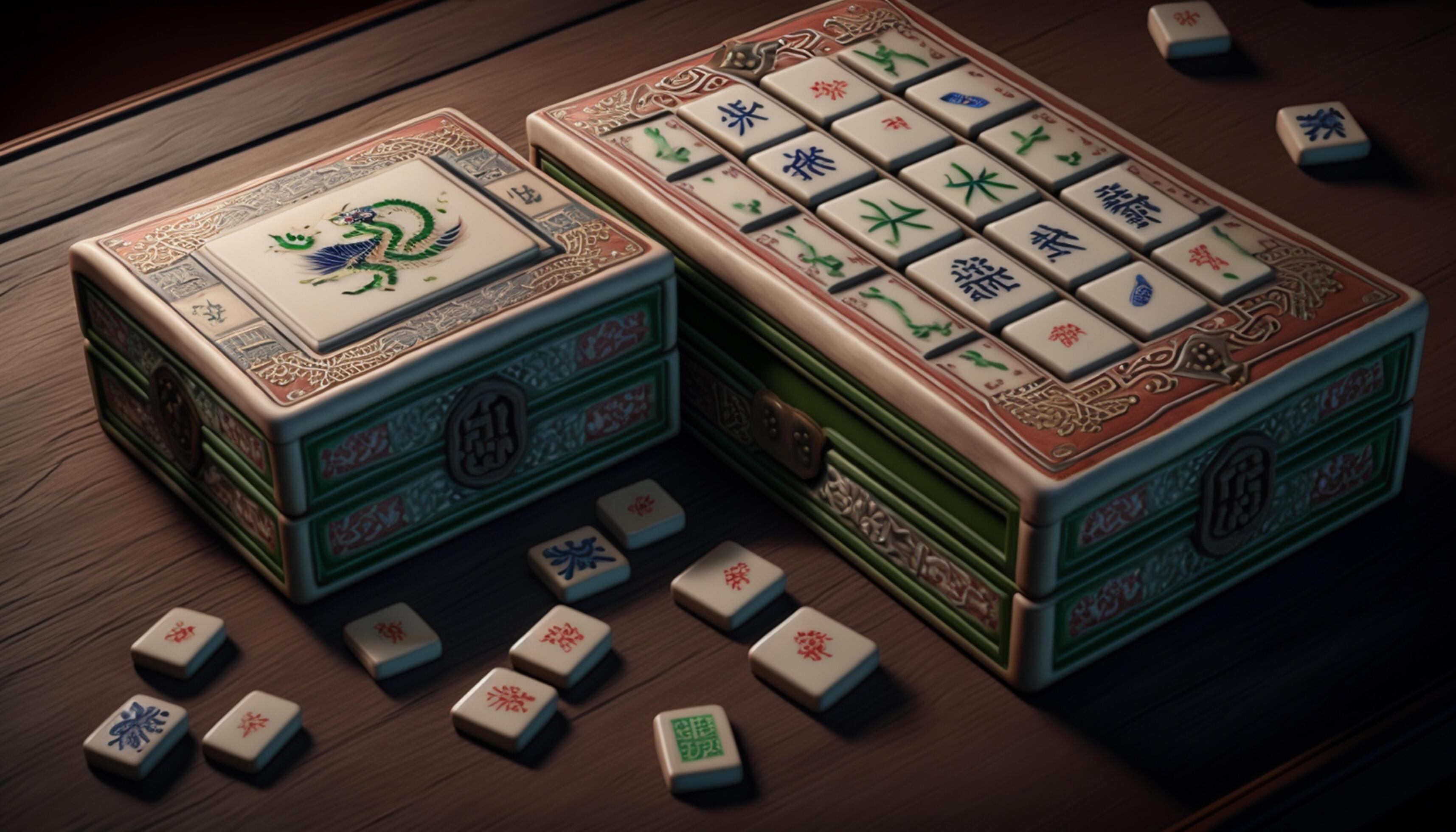 Colorful Chinese Mahjong Set with Tiles, Dice and Counters on