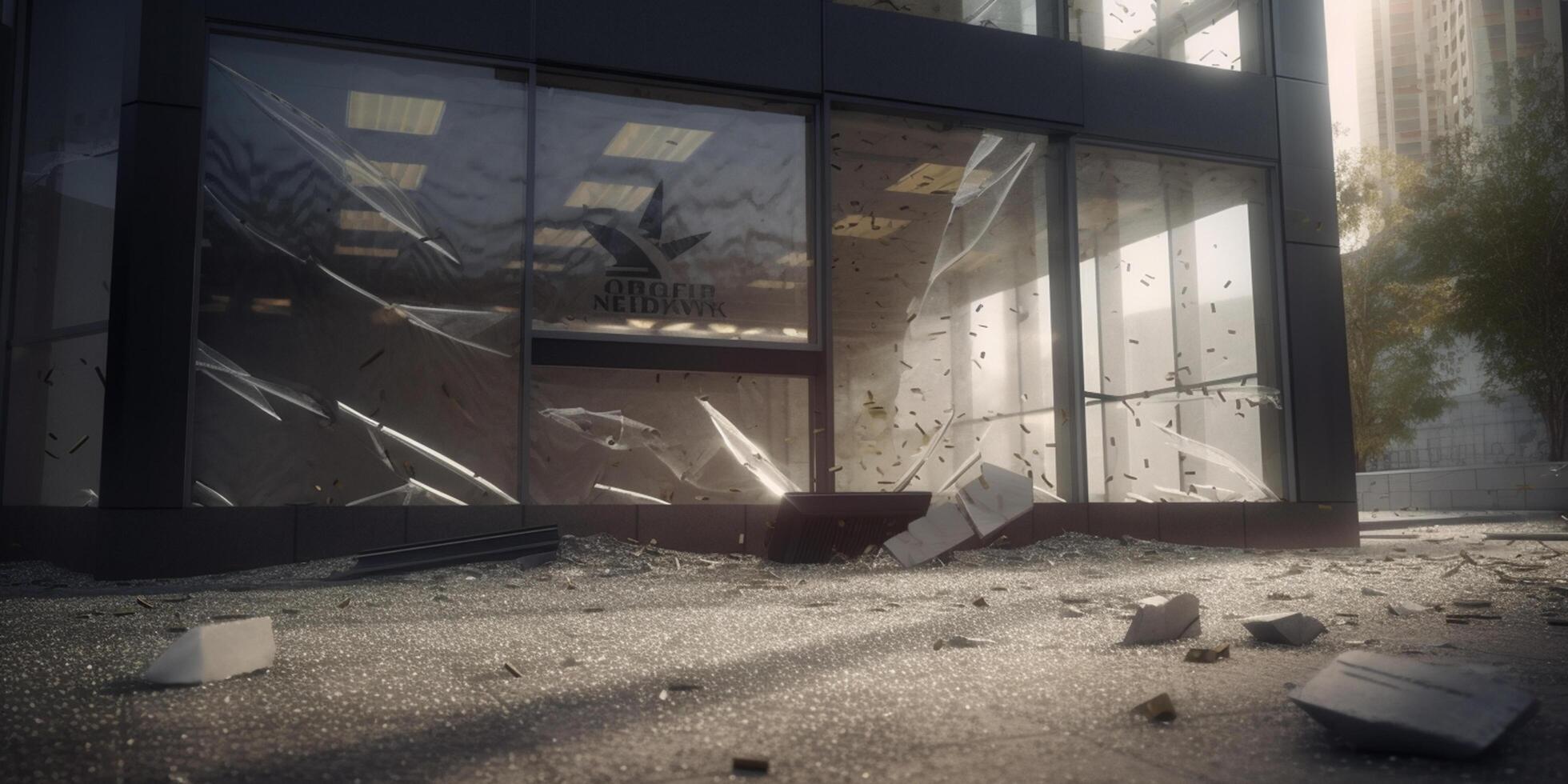 Desolate aftermath of a bank run shattered glass and debris on the empty street photo