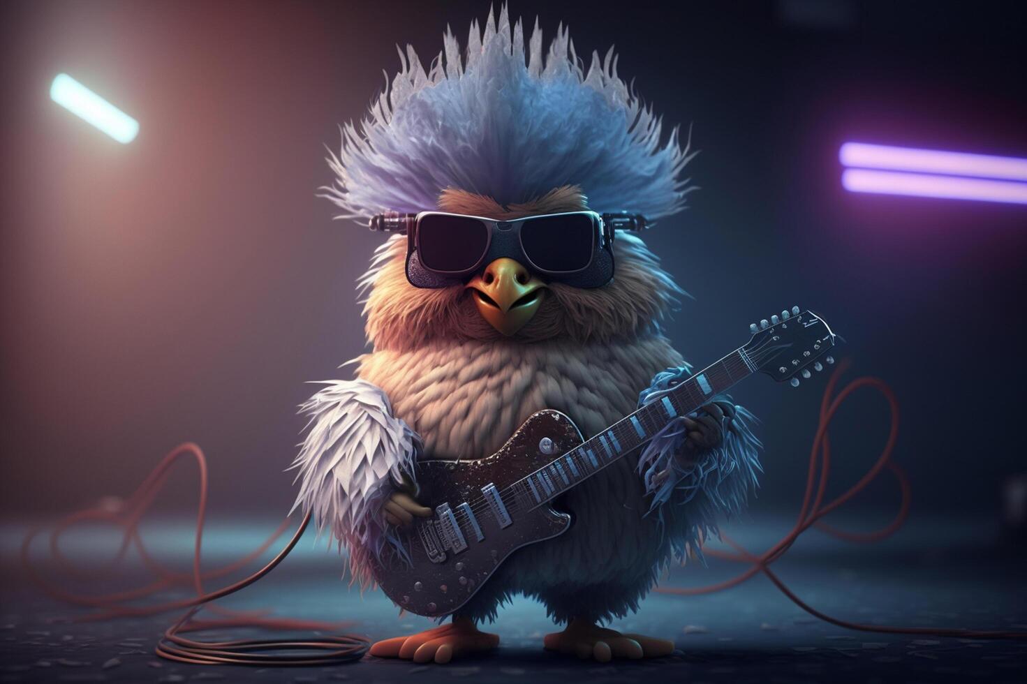 rockeando pollo un loco gallina con un guitarra jugando estrella de rock en etapa ai generado foto