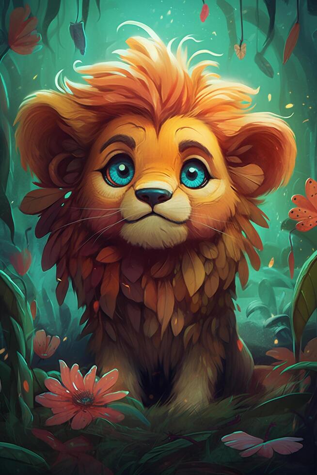 The Enchanted World of the Adorable Lion Cub A Comic-Style Digital Painting in Vibrant Colors photo