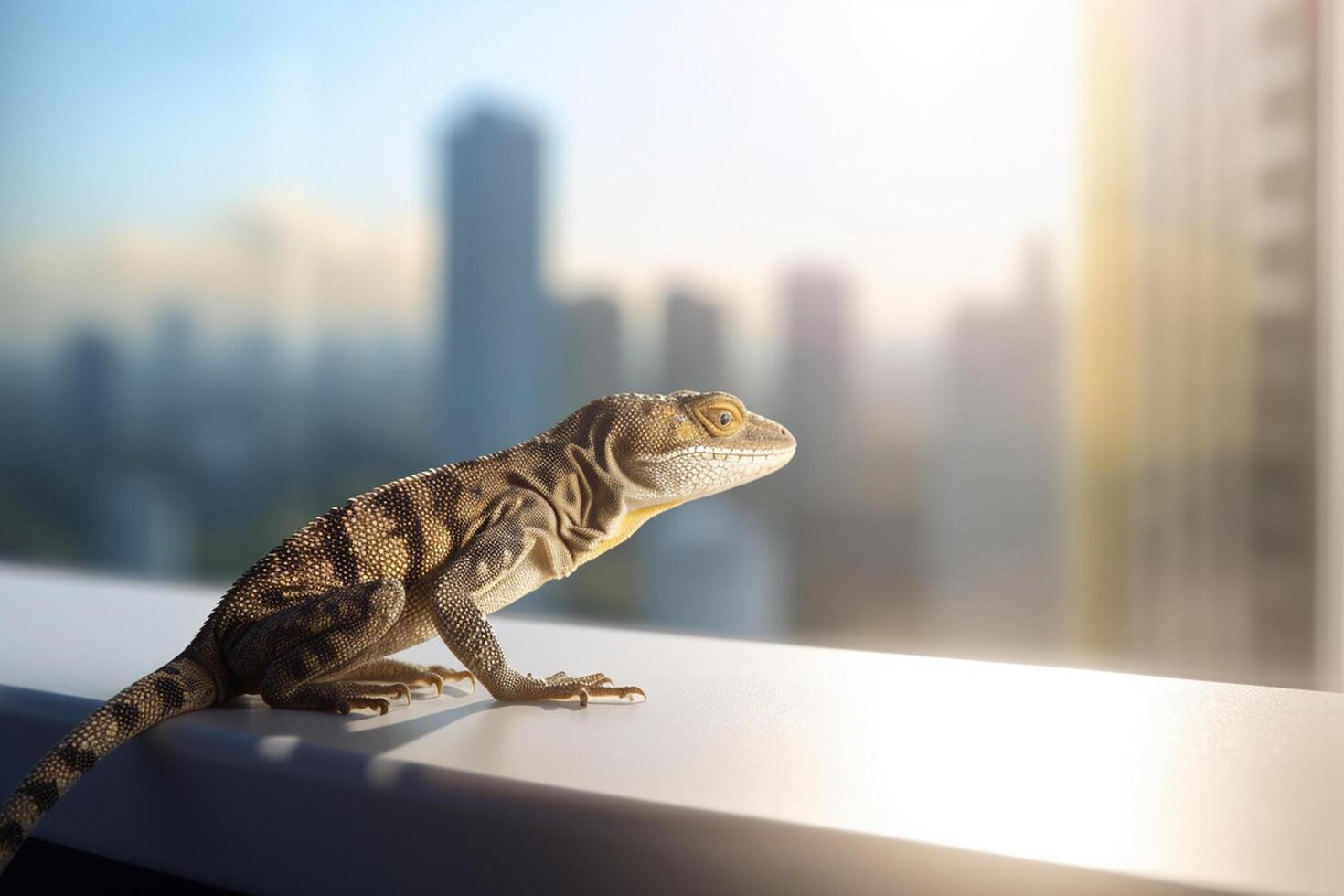 urbano lagartija mirando a rascacielos desde ventana ai generado foto