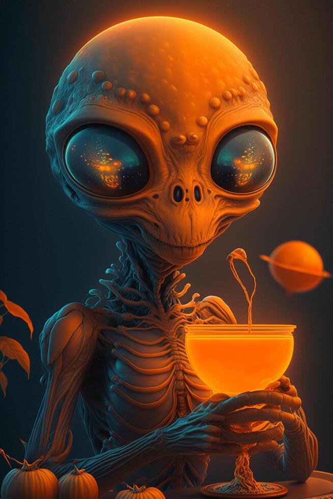 Funny orange alien drinking a cocktail content photo