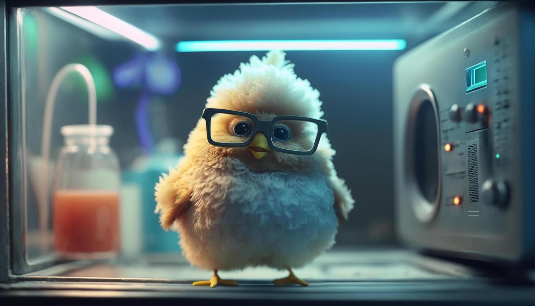 The Scientist Hen with Glasses and Test Tube in Laboratory photo