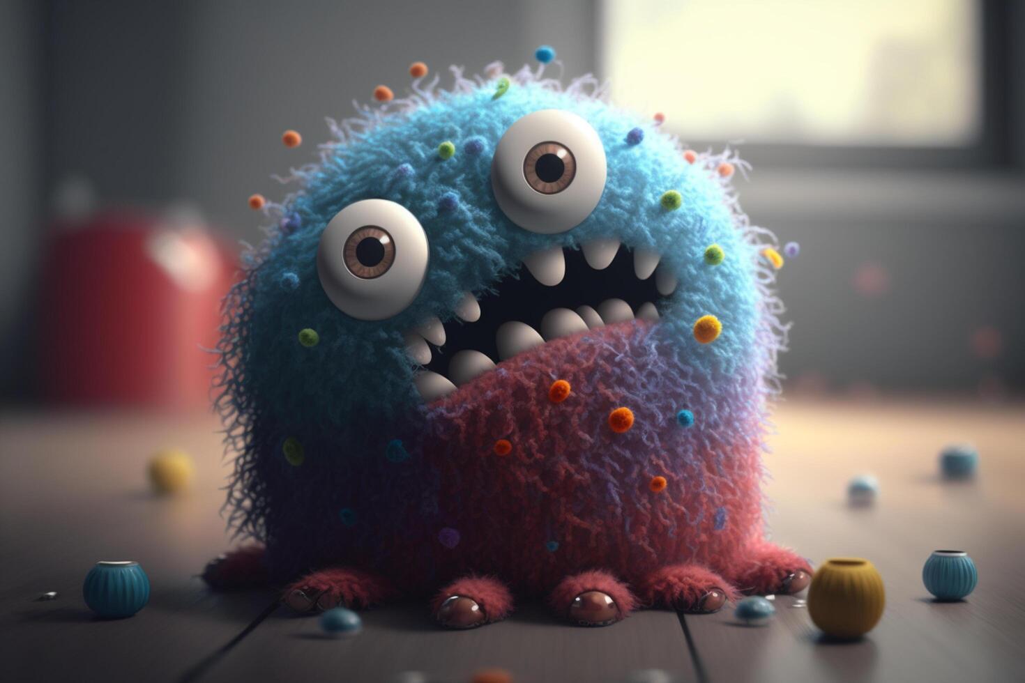 Fuzzy Blue Monster with Playful Cartoon Eyes and Big Smile photo