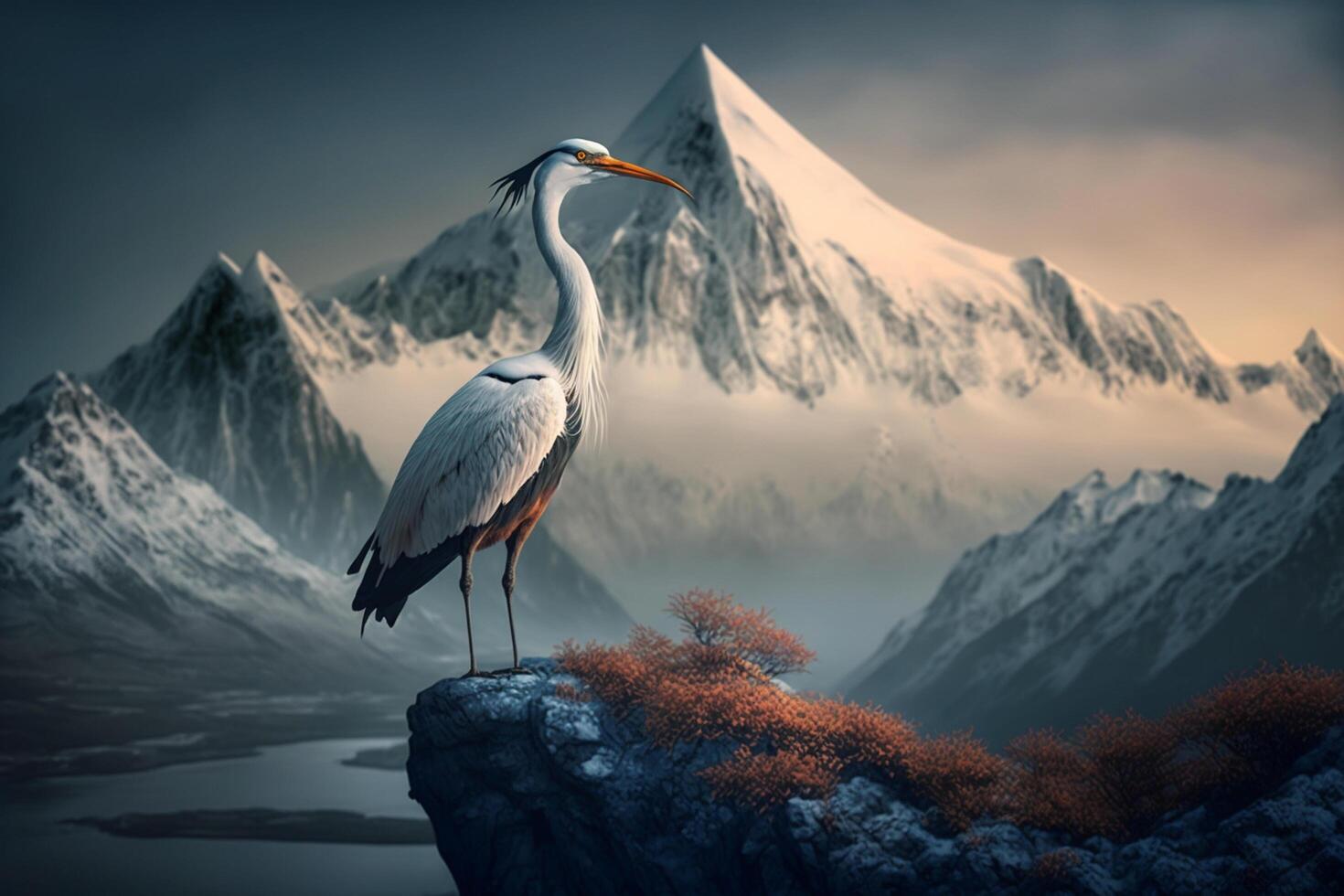 Solitude in the Chinese Landscape A Crane Amidst Snow-Capped Mountains photo