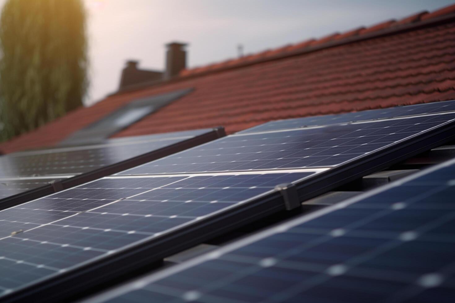 Shining Solar Power Solar Panel on House Roof with Sun Reflection photo