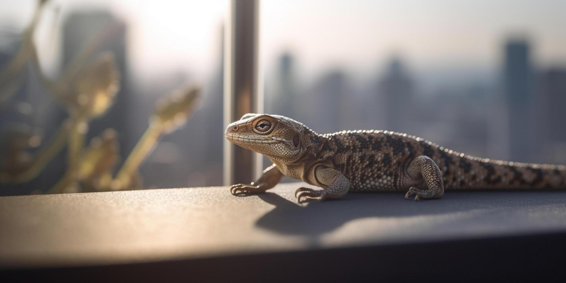 urbano lagartija mirando a rascacielos desde ventana ai generado foto