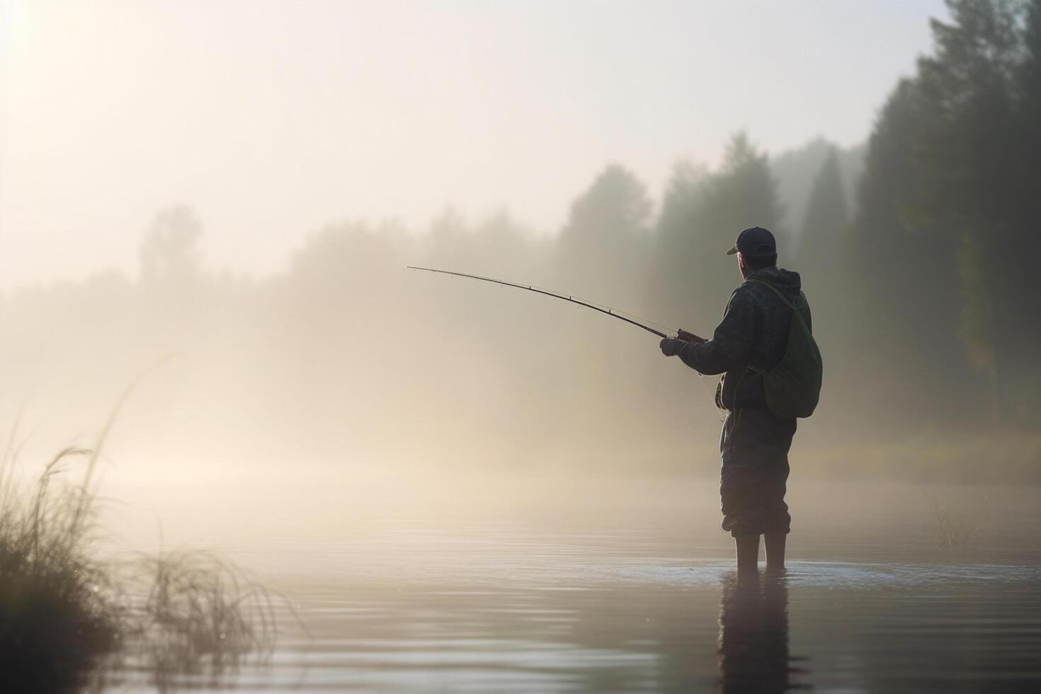 Fishing at Dawn Angler in the misty lake with fishing rod photo