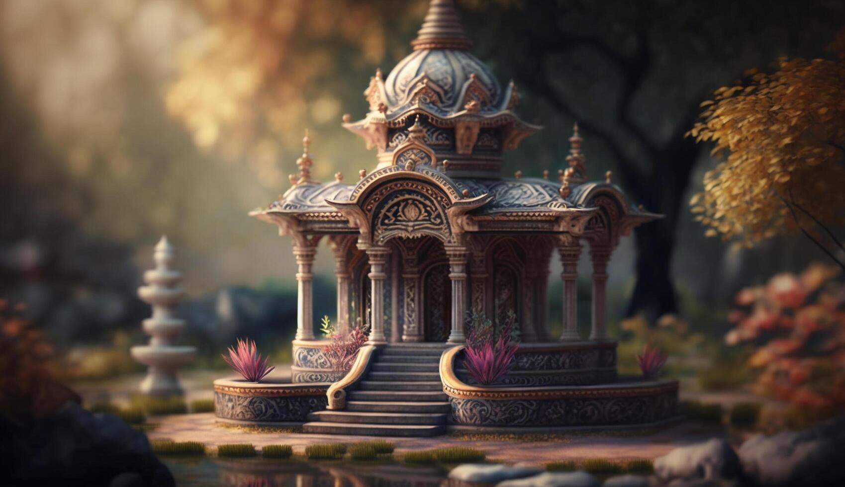 Intricate Carvings and Detailed Design A Wooden Miniature of an Indian Temple or Palace photo