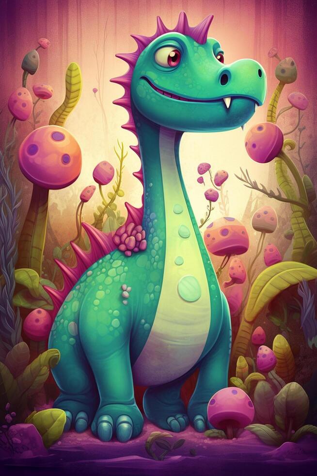 Whimsical and Colorful Digital Comic Art Hilarious Diplodocus Dinosaur in a Playful Adventure photo