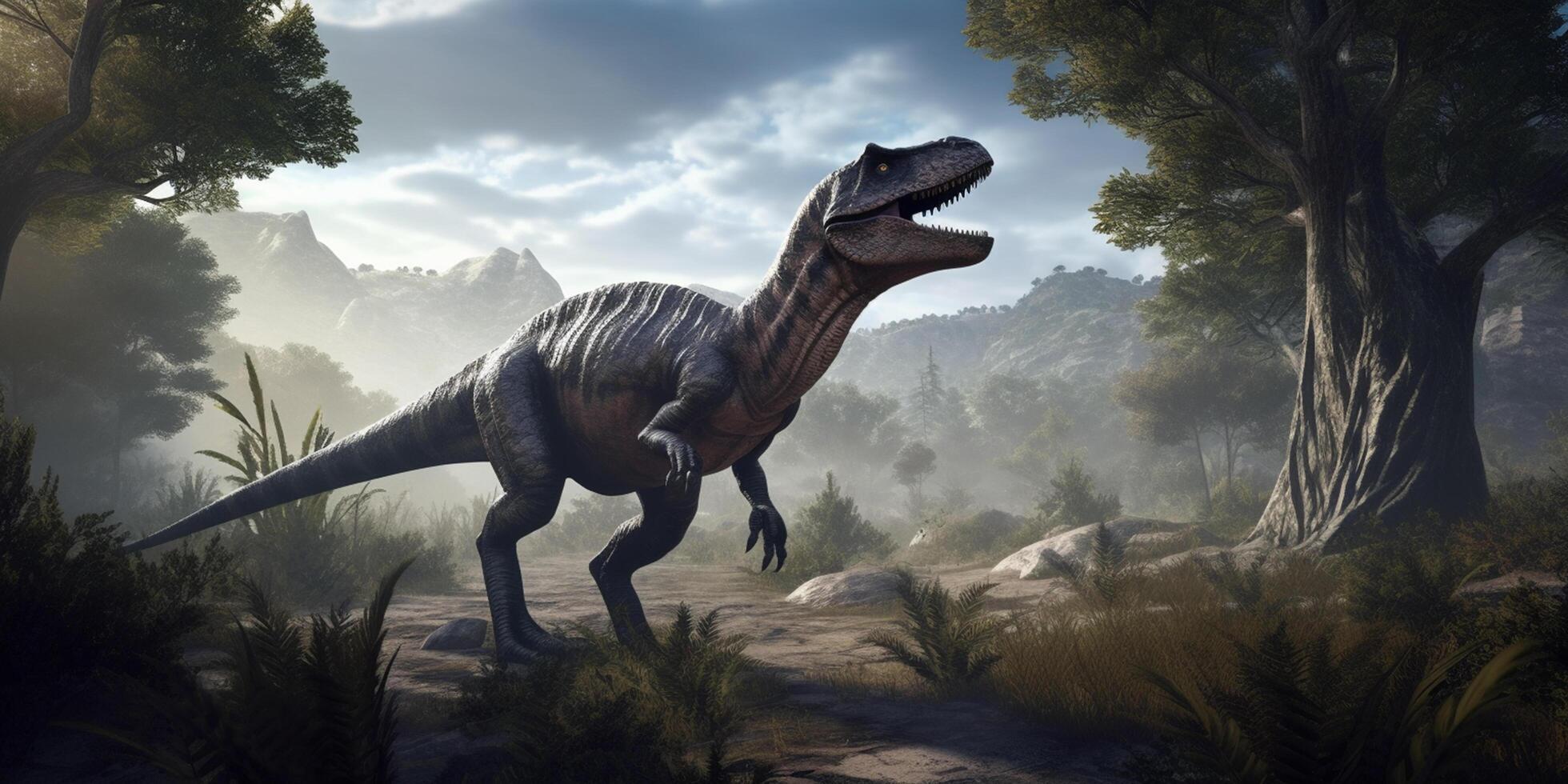 Roaming the Ancient Lands A Realistic Illustration Showcasing the Mighty Allosaurus in a Prehistoric Landscape photo