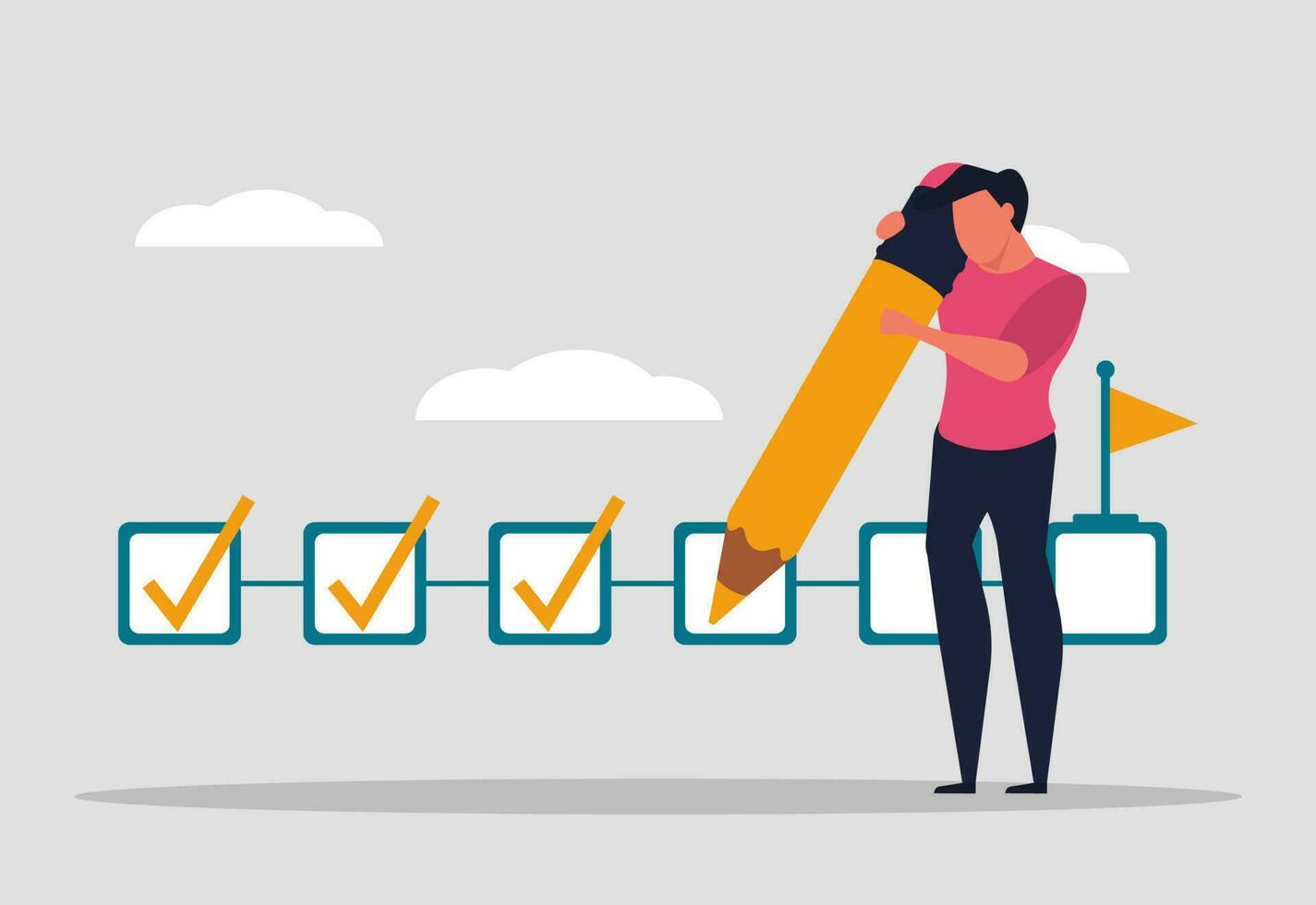 Track project goals, track company goals. Development and progress of the project, a man holds a pencil and marks the completed tasks. Vector illustration