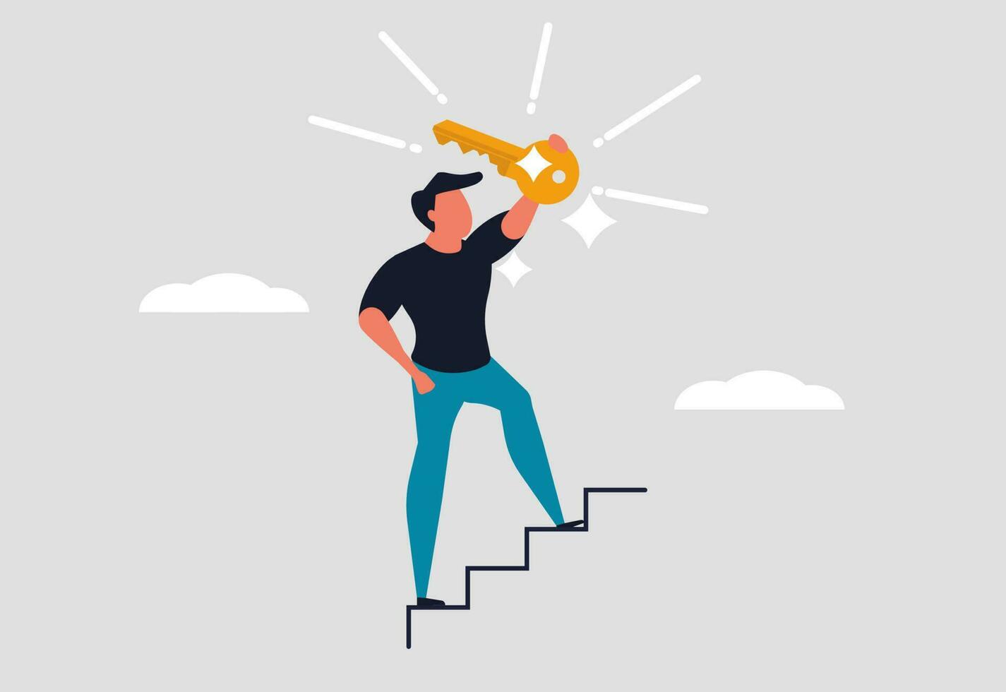 The man has the key to a successful business. Businessman goes up the career ladder. Reach the goal and reach the end of the path concept. A man raises a golden key into the sky. Vector illustration