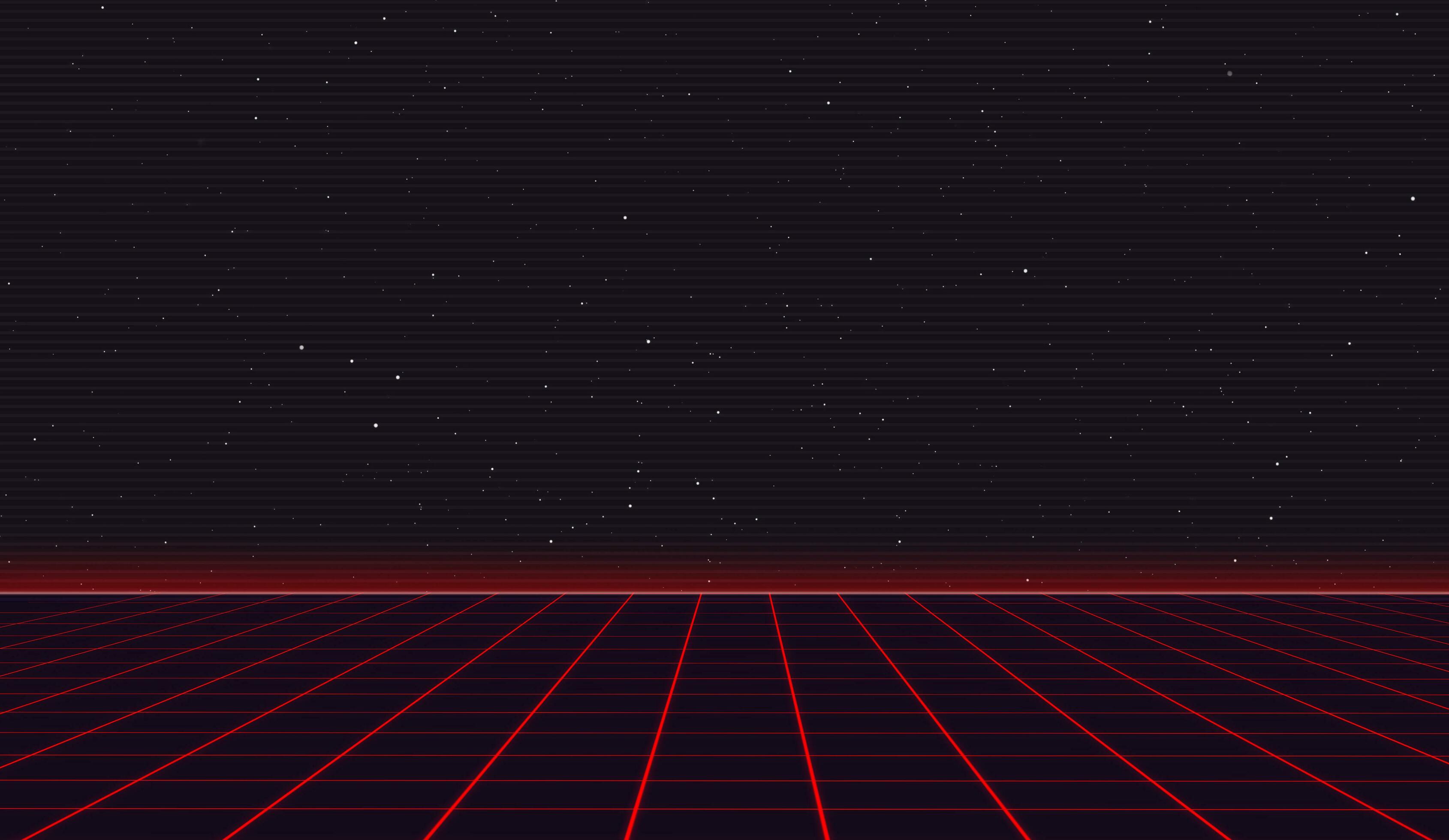 Synthwave red cyber laser grid with stars in background and horizon on