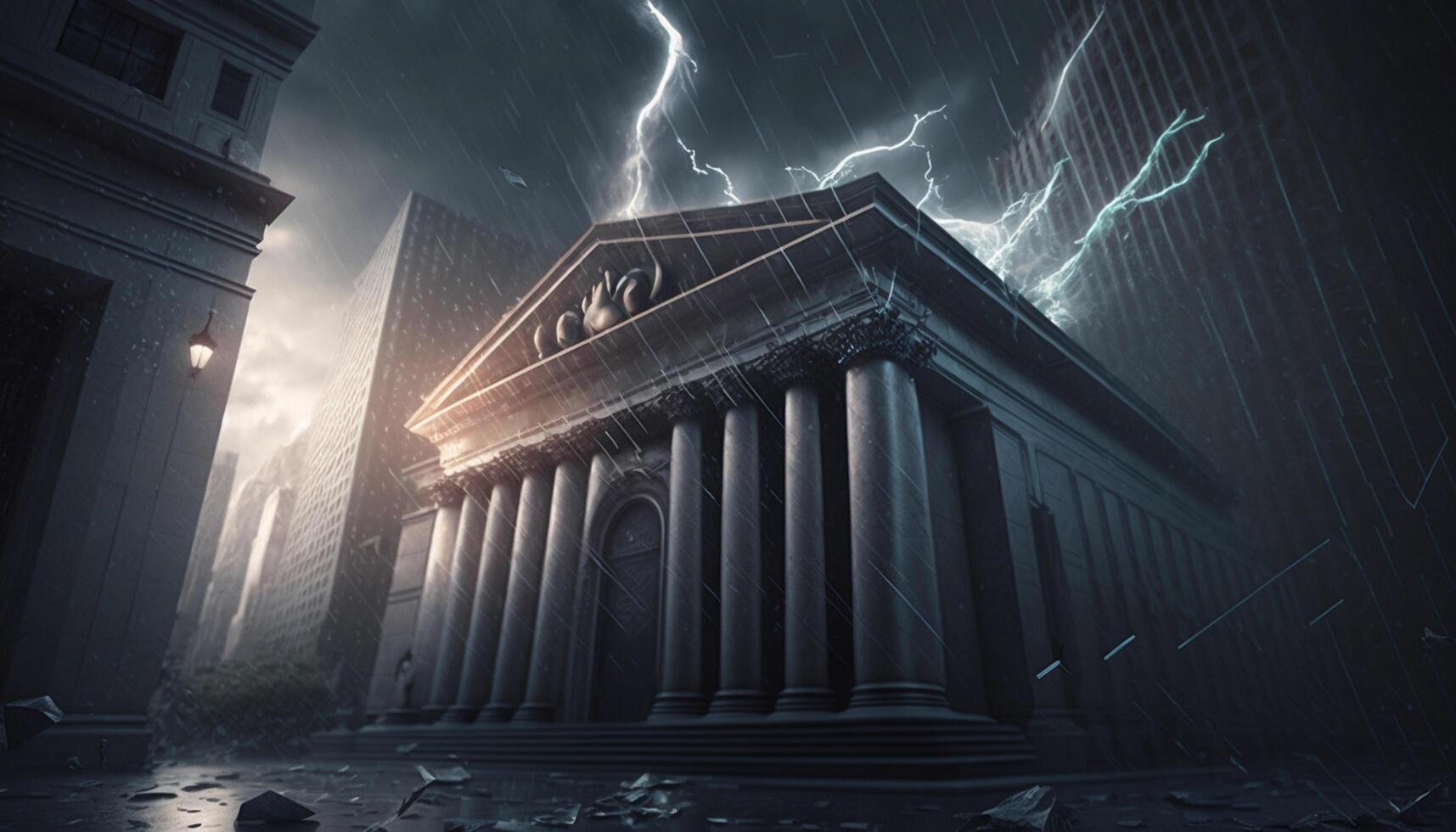 Stormy Apocalypse A Mystical Image of Wall Street Destroyed by a Financial Storm and Market Crash photo