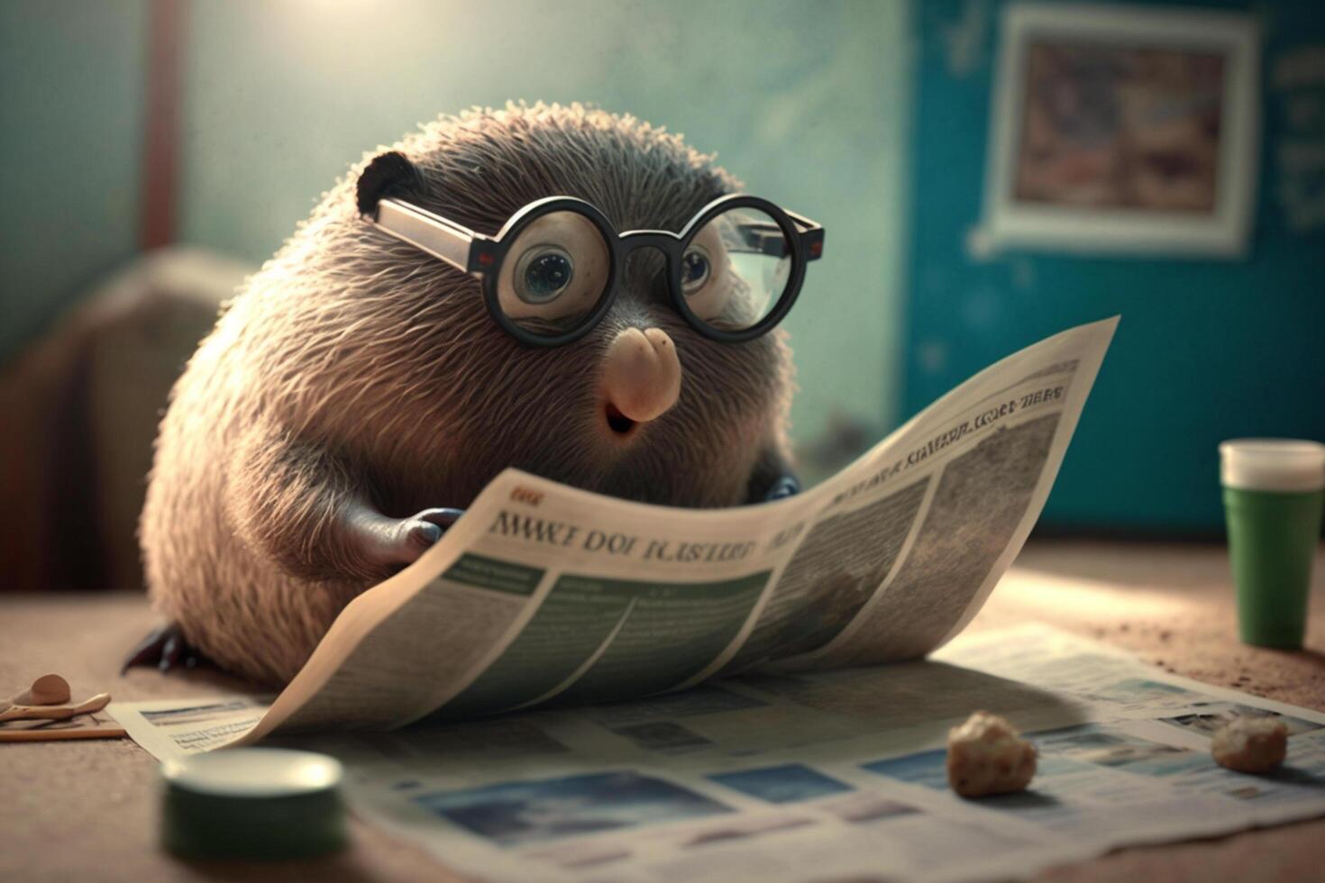 Illustration of funny blind mole with glasses reading a newspaper content photo