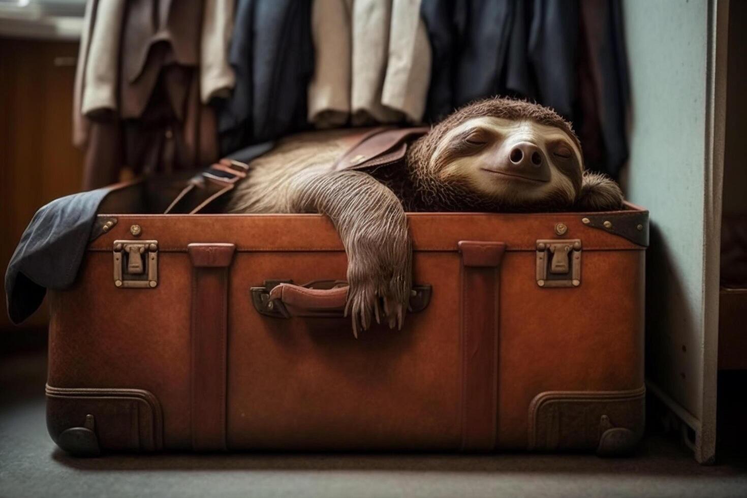 happy and tired sloth sleeps in a travel case leather suitcase and travels to a dream world photo
